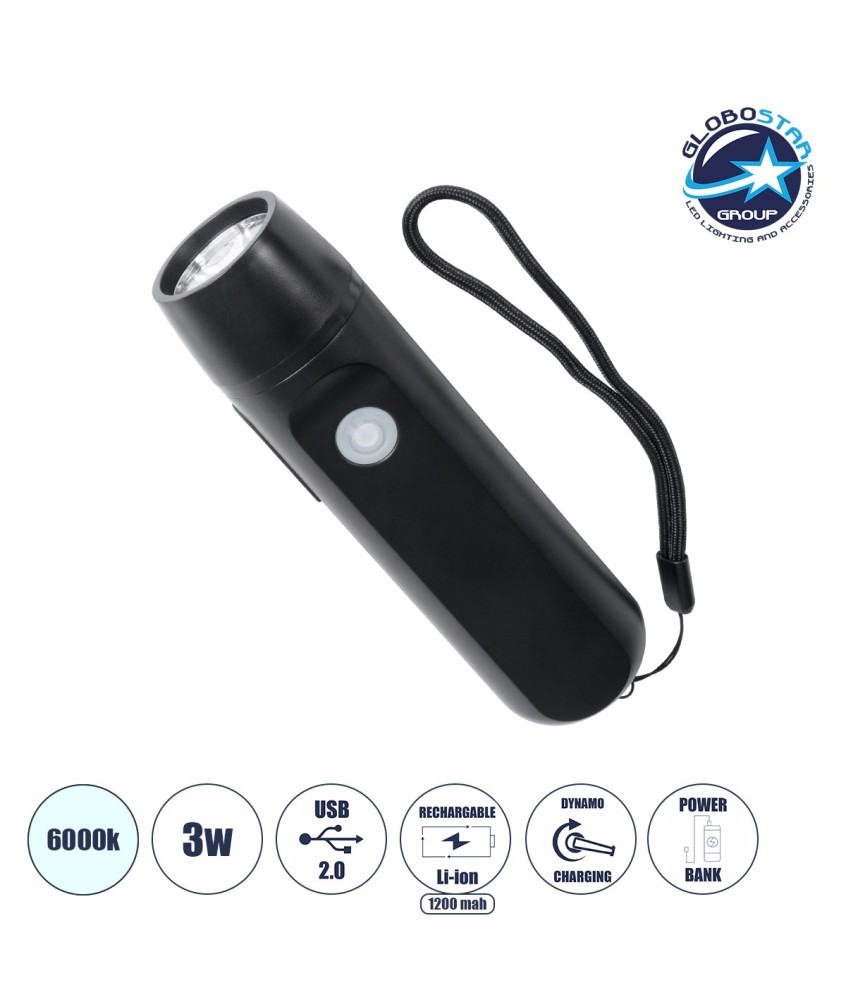 GloboStar® 79021 Φορητός Φακός Χειρός CREE LED 3W 240lm - με Επαναφορτιζόμενη Μπαταρία 1400mAh & Χειροκίνητο Φορτιστή Δυναμό - Ψυχρό Λευκό 6000K - Φ4.1 x Υ15cm